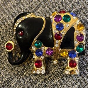 Vintage Gold Tone  Elephant Black Enamel Rhinestones Brooch